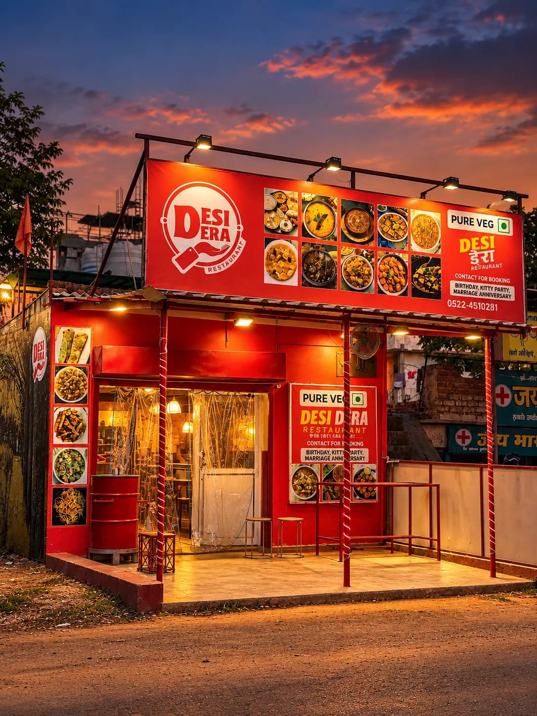 Desi Dera storefront at dusk